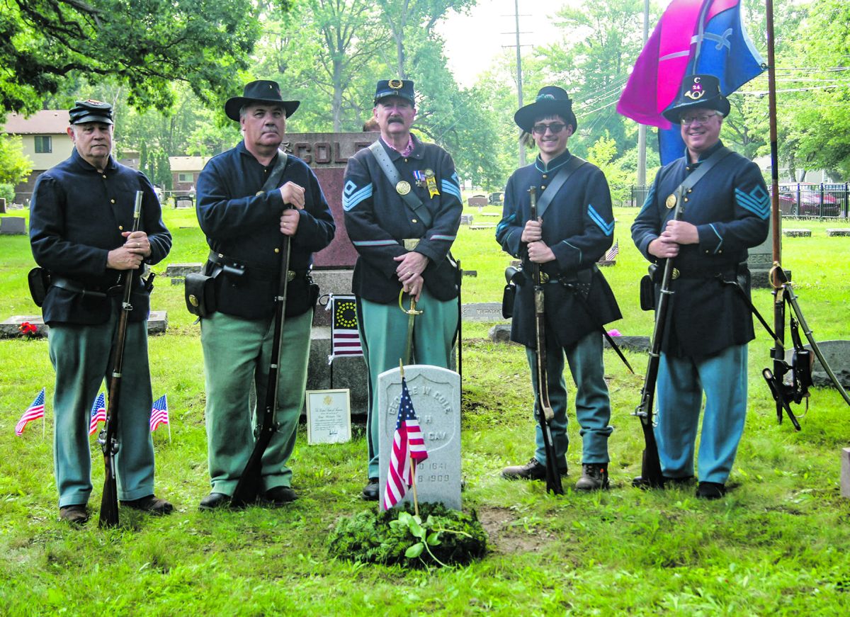 N-SSA members participated in the recent headstone dedication service for trooper George Washington Cole of the 1st Michigan Cavalry. From left to right: Tom Lagoe, Chris Einowski, Bruce Miller, Morgan Lipka, and Paul Lipka.