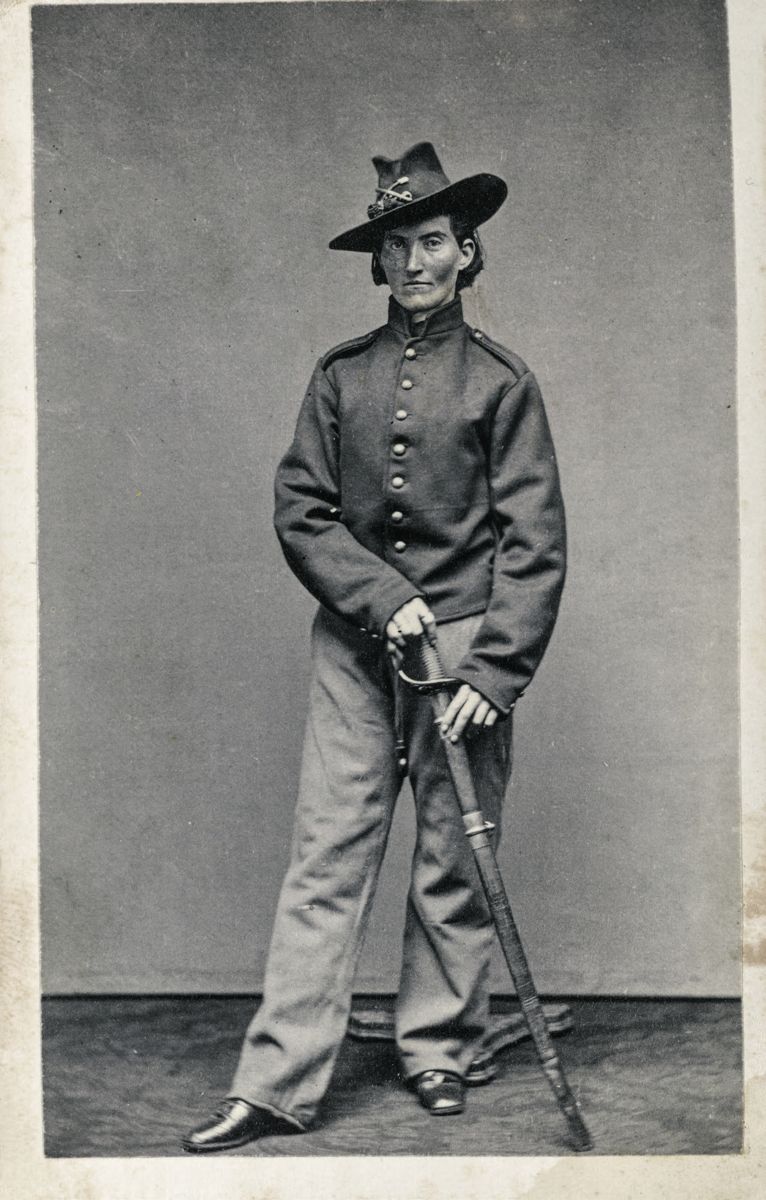 CDV of Frances Clalin Clayton, a woman who disguised herself as a man, “Jack Williams,” to fight in the Civil War. She is wearing a Union nine button shell jacket, Hardee hat with cavalry insignia, and holding a U.S. foot officers sword. LOC. For more information on Frances Clalin Clayton visit www. battlefields.org/learn/biographies/frances-clayton.