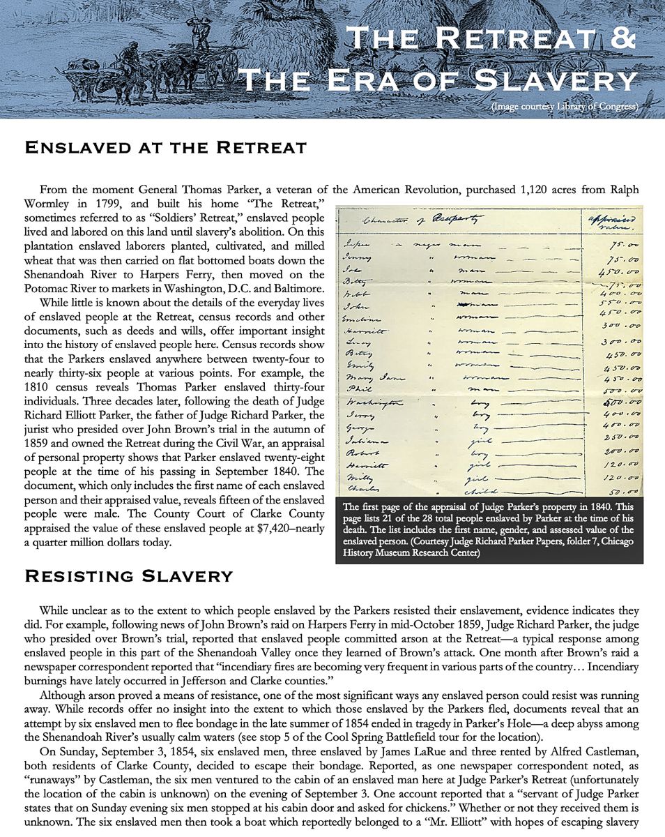 Above: The front page of “The Retreat & the Era of Slavery.” This informational sheet is available at the site and also online at www.su.edu/mcwi.