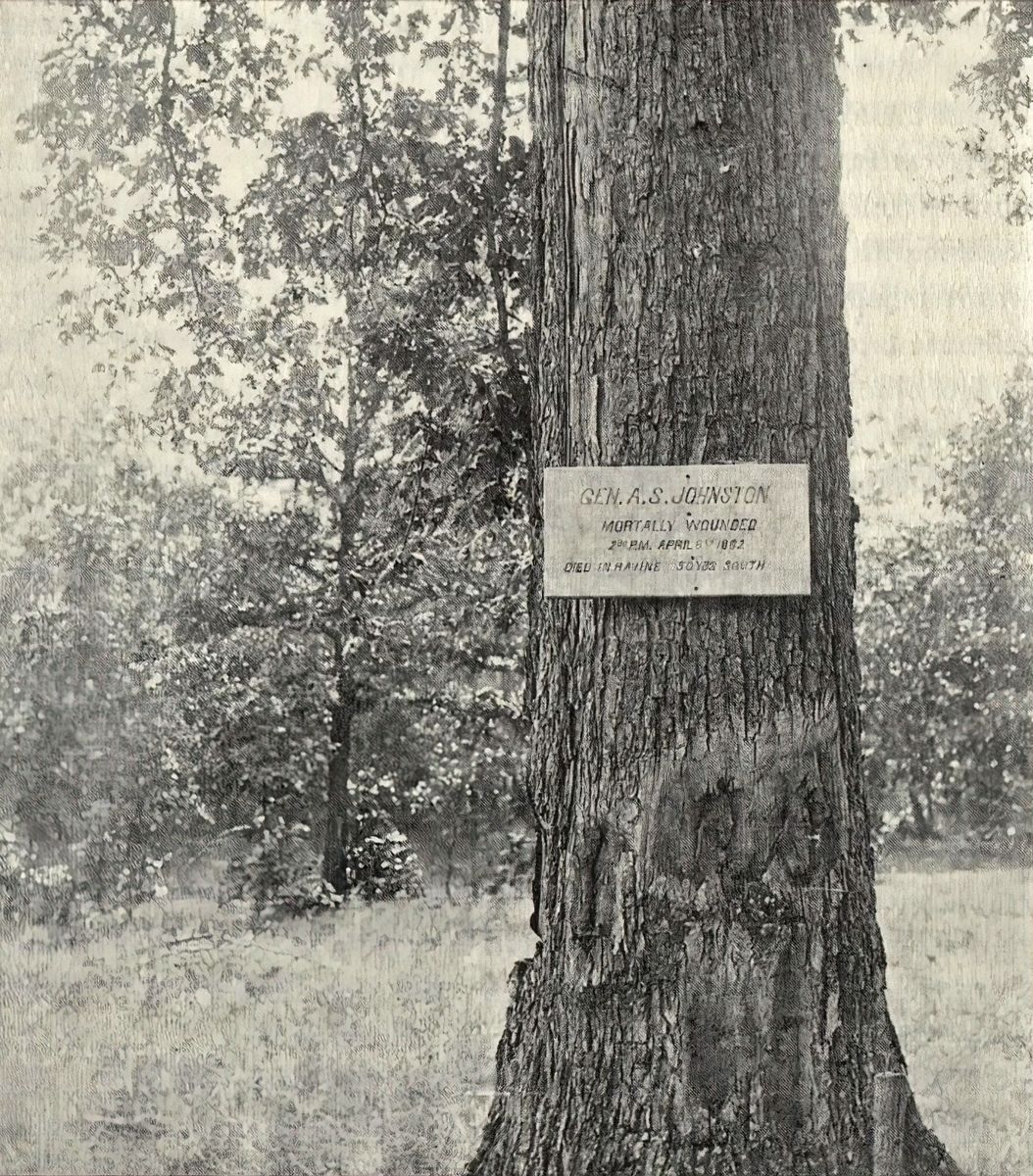 United States Senator Isham G. Harris, revisited the Shiloh battlefield in April 1896, for the express purpose of locating the spot where Gen. Albert Sidney Johnston had been mortally wounded on April 6, 1862. A sign was put on the tree that read: Gen.