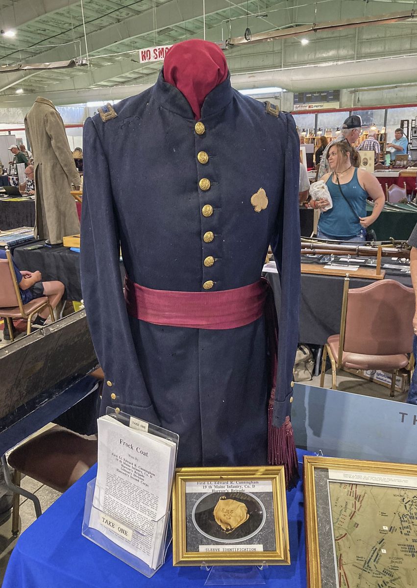 Frock coat worn by 1st Lieutenant Edward R, Cunningham, 19th Maine, when he was wounded at Gettysburg.