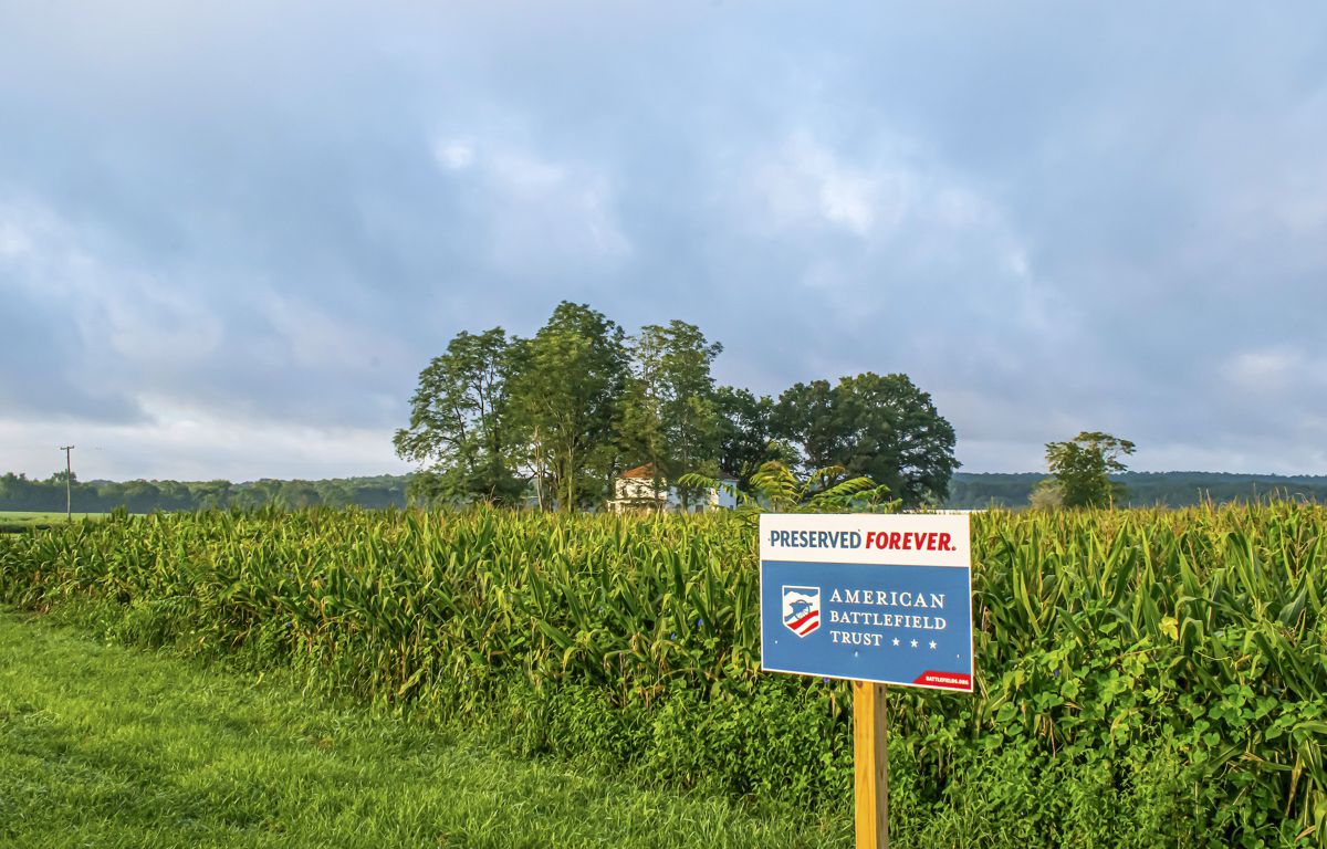The Trust’s “Preserved Forever” signage at the Slaughter Pen Farm, Fredericksburg Battlefield, Fredericksburg, Va. (Chris Landon)