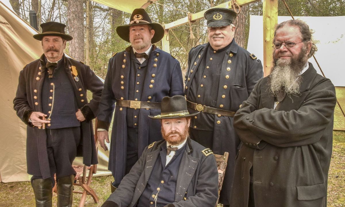 (Left to Right) General Sheridan (James Standard), General George Meade (Gary Carlberg), Captain Nichols (Steve Riordan), Secretary of War Edwin Stanton (Sam Washburn), and (seated) General Grant (Brian Withrow). (Photos by Bob Ruegsegger)