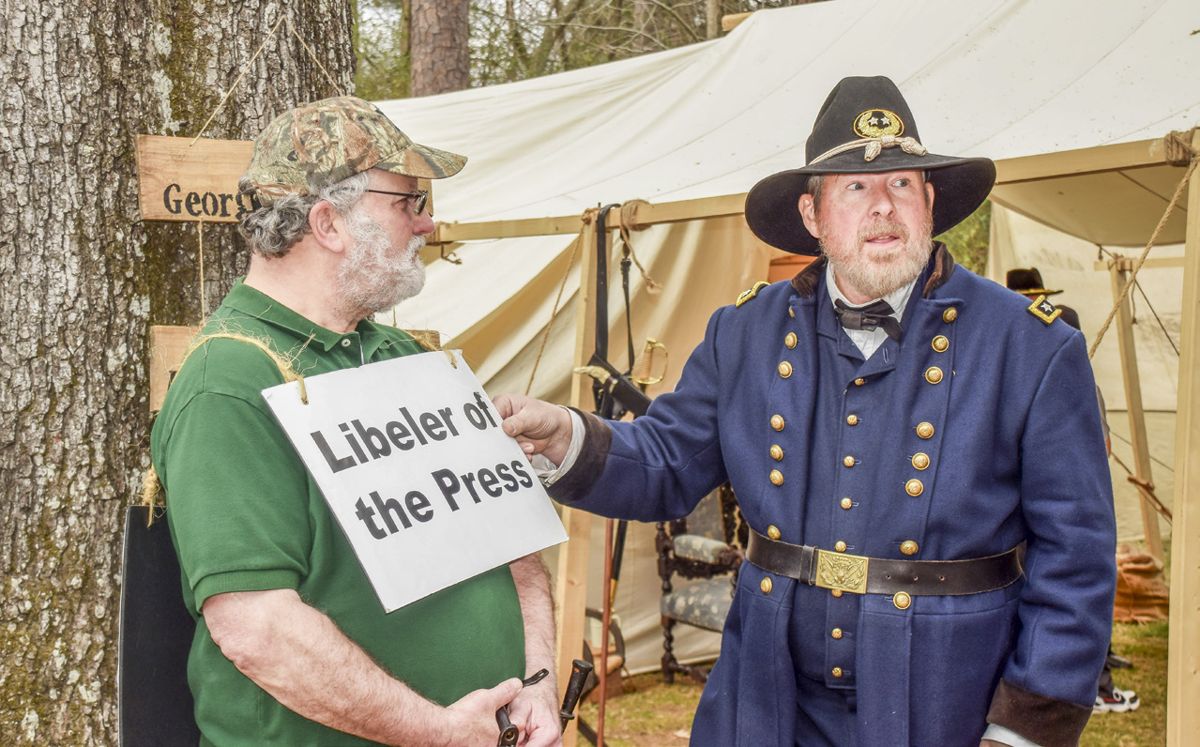Gary Carlberg portrays Major General George Meade, commanding the Army of the Potomac, with the press.