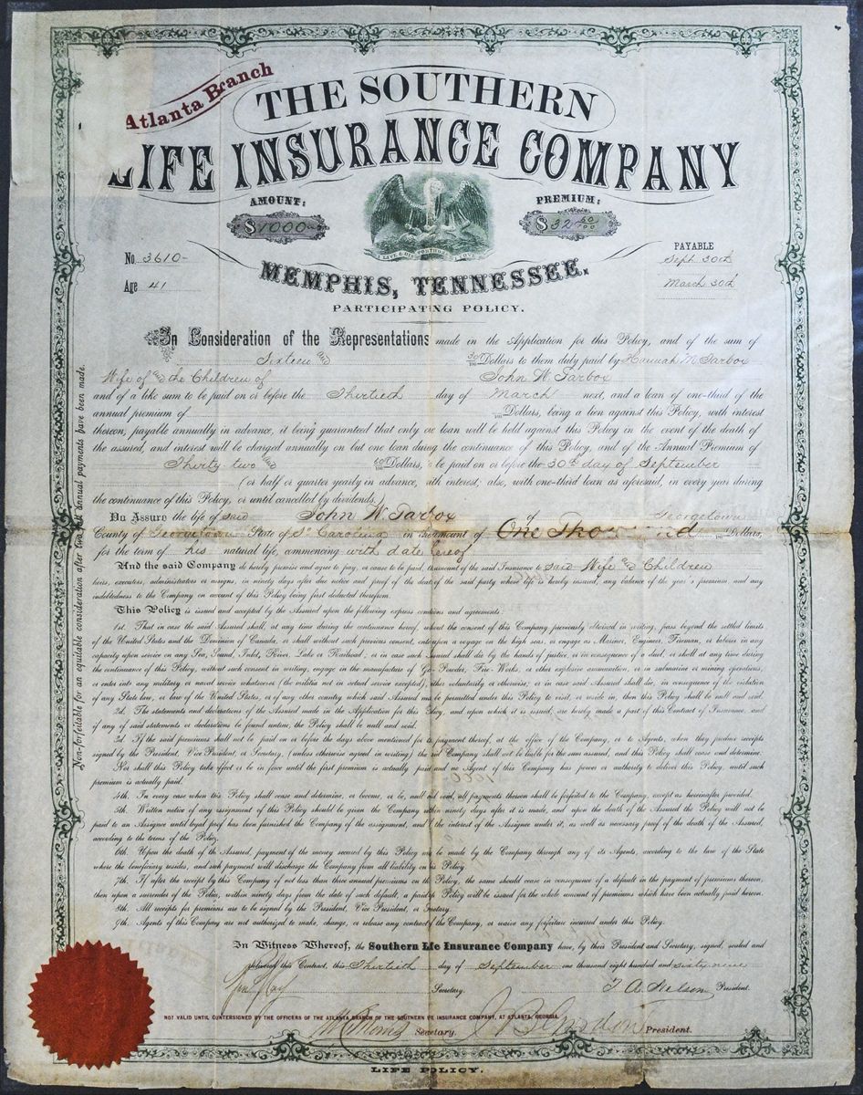 Life insurance policy signed by John B. Gordon.