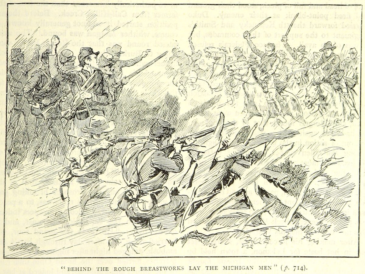 Soldiers of the 25th Michigan Infantry repulse John Hunt Morgan’s cavalry on July 4, 1863, at the Battle of Tebbs Bend. (Illustrated Battles of the Nineteenth Century,