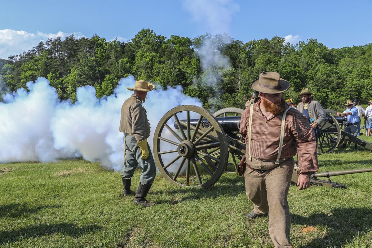 Hardaway’s Alabama Battery fires their Tredegar 12-pounder field howitzer at the bullseye target at 100 yards. A total of 42 guns competed in the Saturday afternoon artillery match, including rifled cannons, smoothbores, and howitzers. (Niki Bethke)