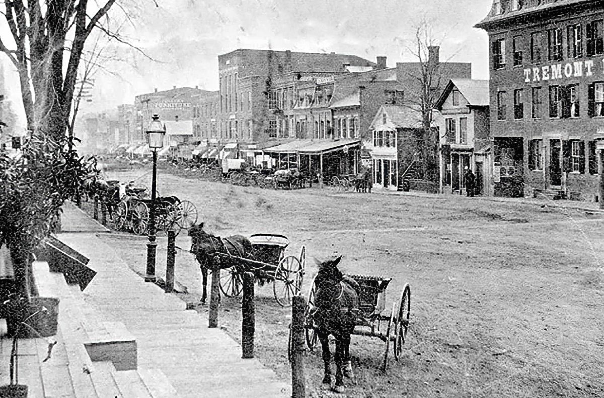 An early photograph of Main Street, St. Albans, where the raid was centered. Days before the attack, Young stayed in the Tremont House hotel. Today it is St. Albans City Hall.