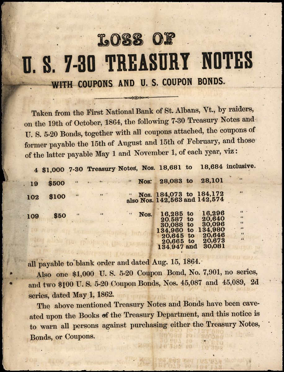 Notice concerning treasury notes taken during the Confederate raid in St. Albans, Vermont. (NARA 306561)