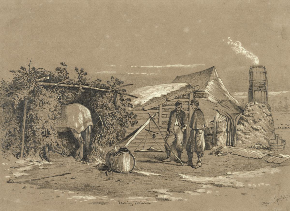 The commissary’s quarters in winter camp by Edwin Forbes. (Library of Congress)