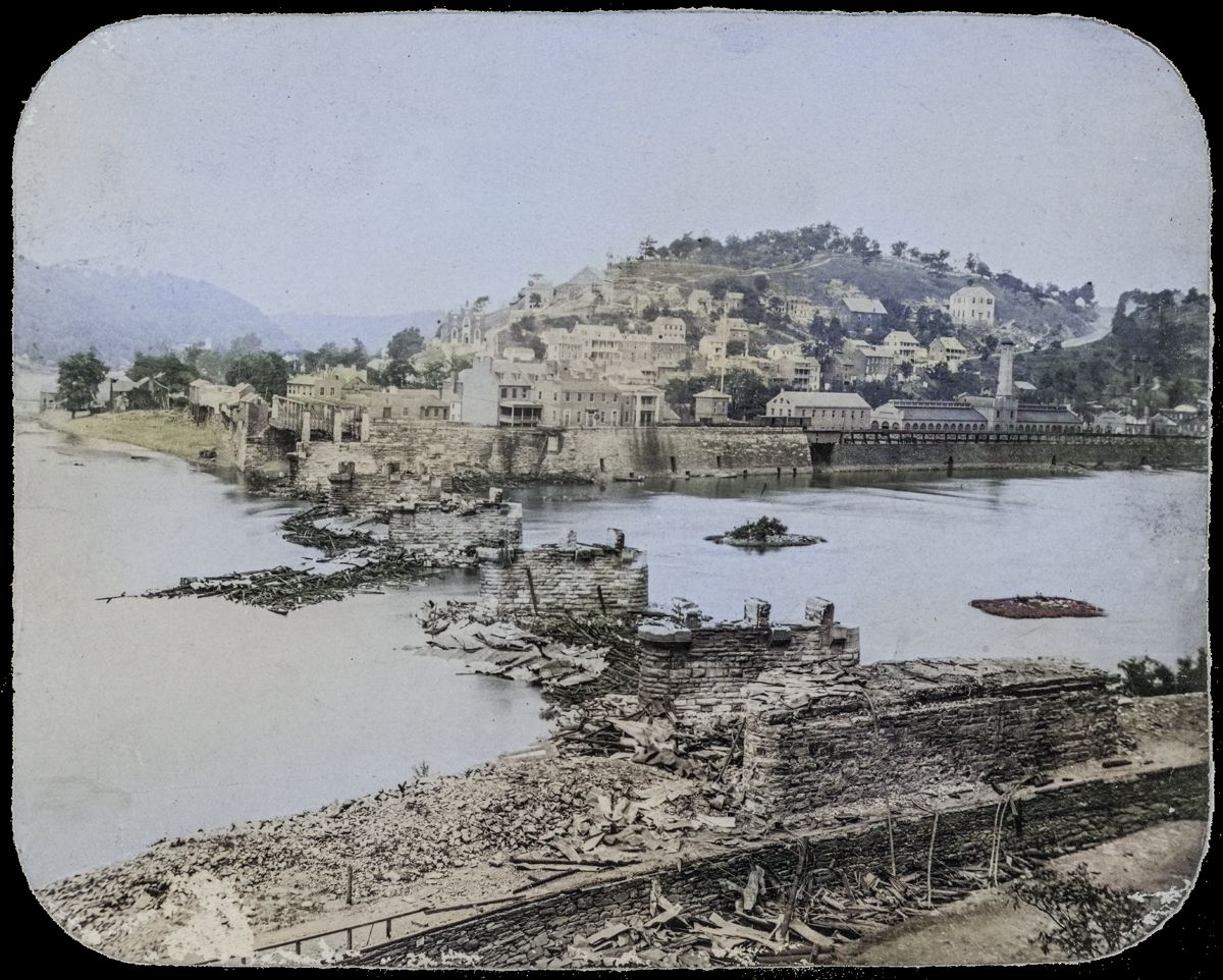 Harper’s Ferry, From the Maryland Side. The railway bridge was destroyed by the Confederates on the 13th of June, 1861. Two days later, on the approach of Union forces under General Robert Patterson, near Williamsport, and under Colonel Lew Wallace at Romney, General Joseph E. Johnston (who had succeeded Colonel Jackson in command on the 23d of May), considering the position untenable, with drew the Confederate army to Winchester.