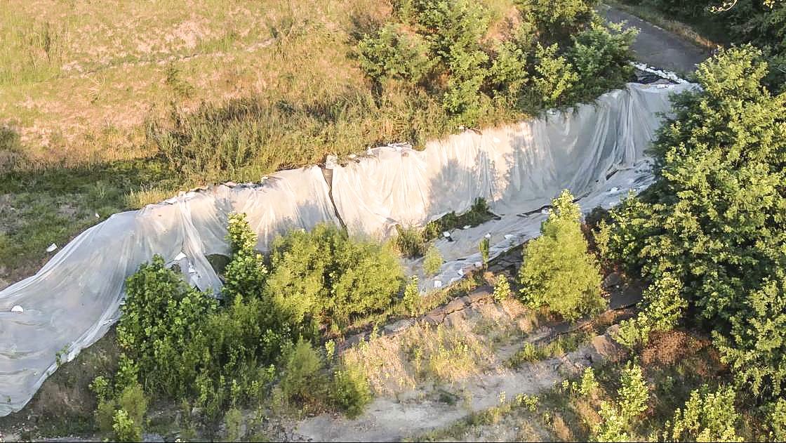 An aerial photo of erosion damage at Vicksburg National Military Park. Photo by American Battlefield Trust/Wide Awake Films.
