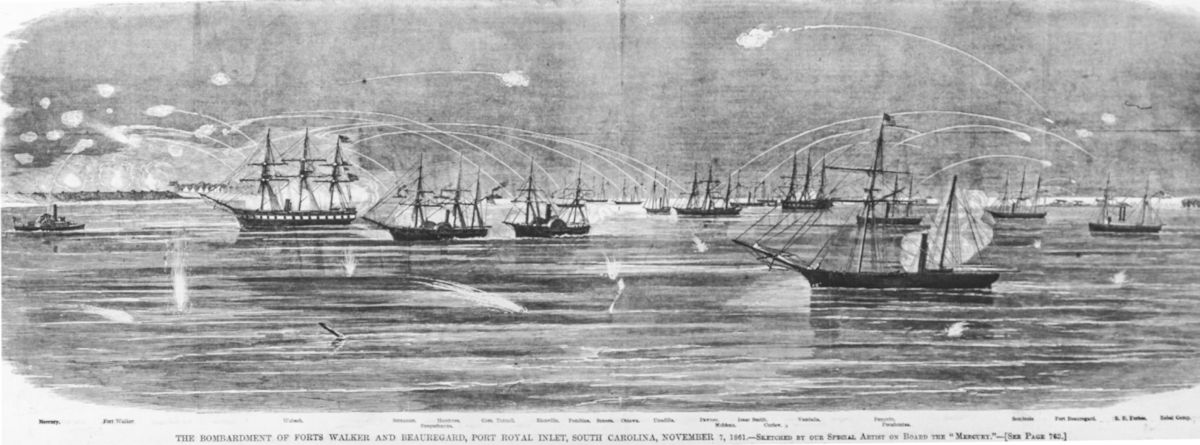 Bombardment and capture of Port Royal, S.C., November 7, 1861. Engraving depicts Federal warships, under Flag Officer Samuel F. DuPont, USN, bombarding Fort Beauregard (at right) and Fort Walker (at left). The Confederate squadron commanded by Commodore Josiah Tattnall is in the left center distance.
