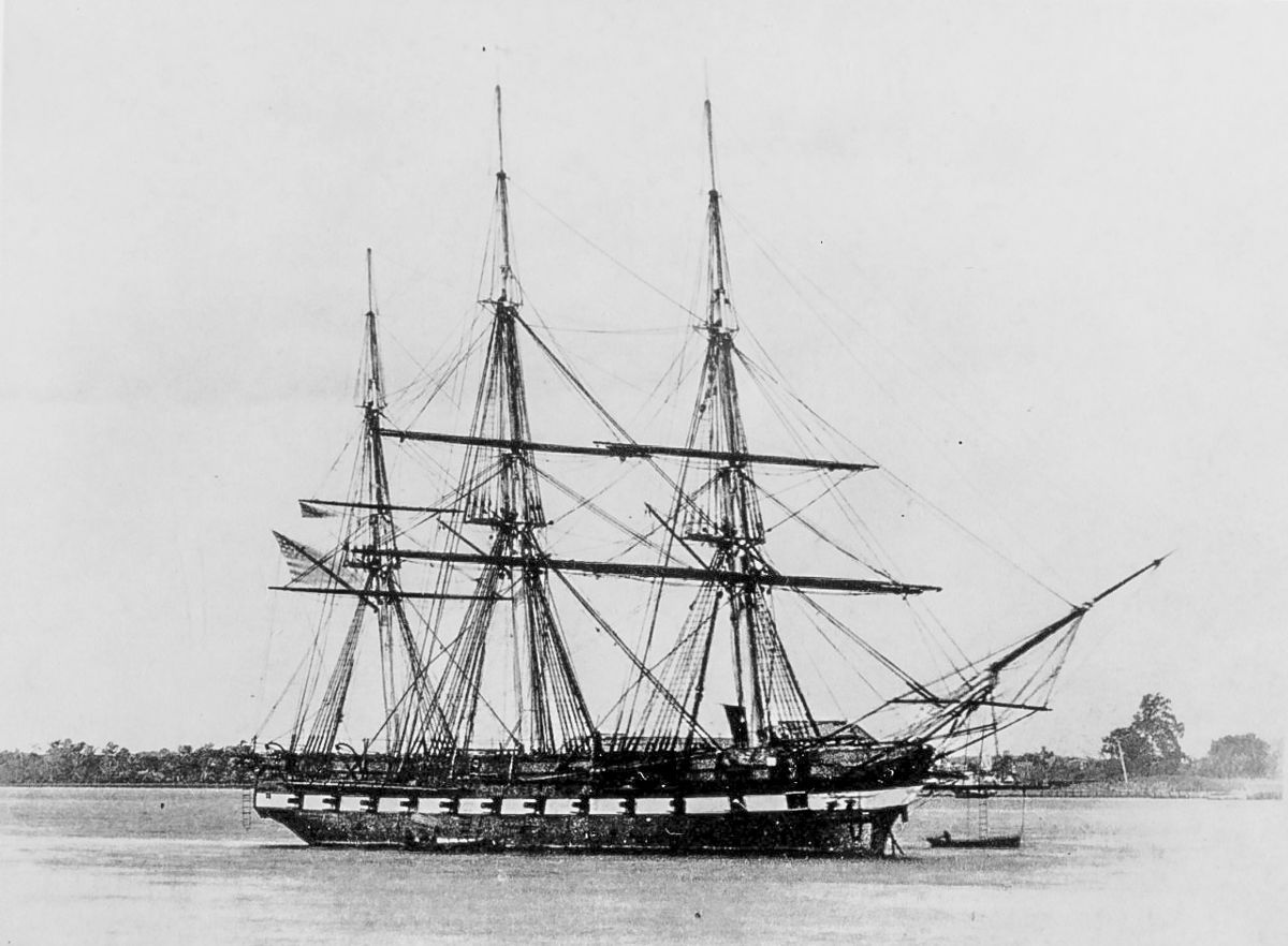 USS Jamestown was a ship-rigged sloop-of-war with a single gun deck armed with 8-inch and 32-pounder guns.
