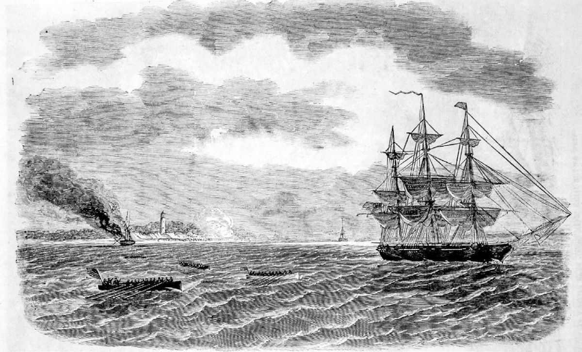 The USS Jamestown stands by as the Alvarado burns off Fernandina, Fla., on August 5, 1861. (Harper’s Weekly)