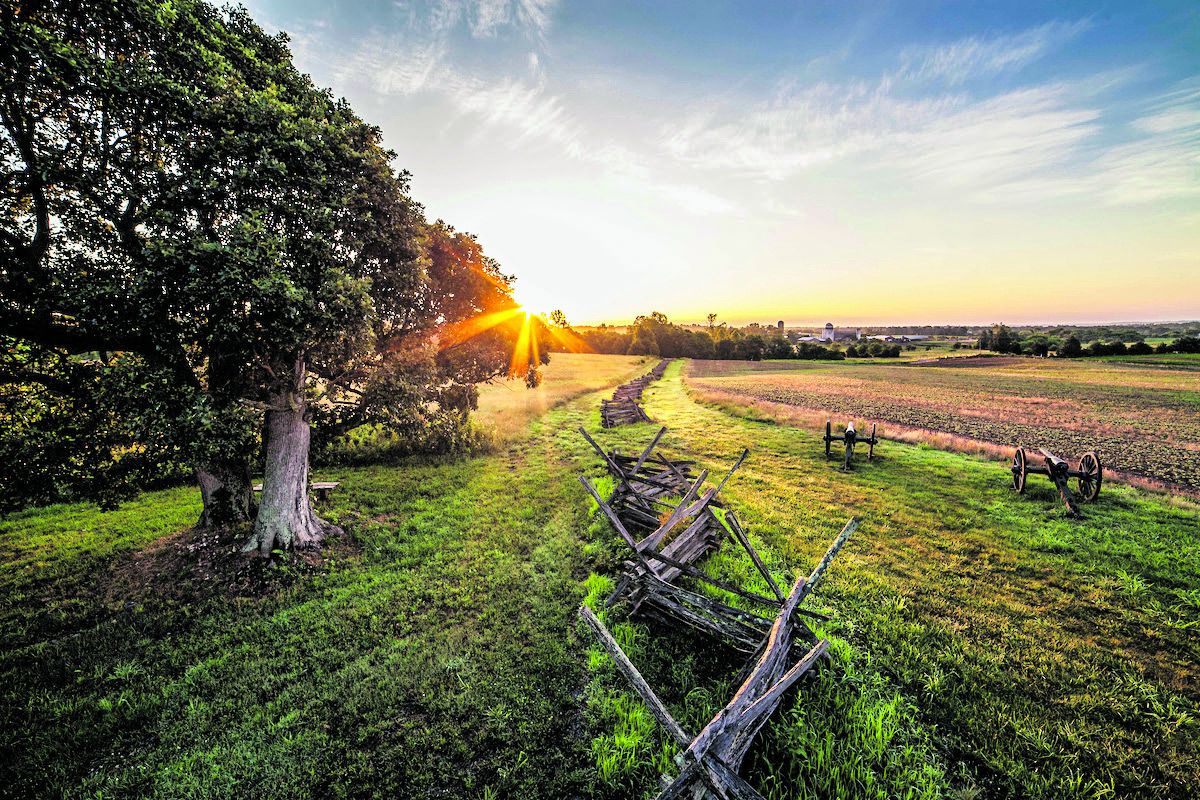 A pair of circa-1890 replica cannon aim at a Union position on Culpeper County’s Cedar Mountain battlefield. Photo by Buddy Secor.