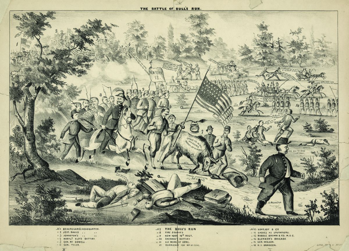 “The Battle of Bull’s Run, 1861.” (12x17) Lithograph. By A. Pfott. (Library of Congress)
