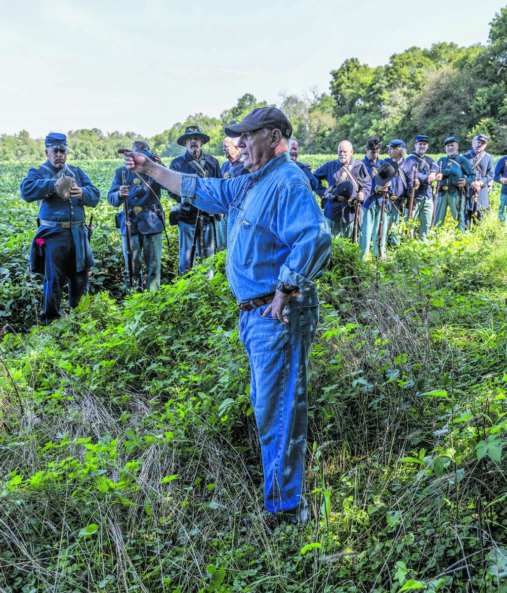 Bud Hall explains troop movements at the edge of the Rapidan River’s Morton’s Ford.