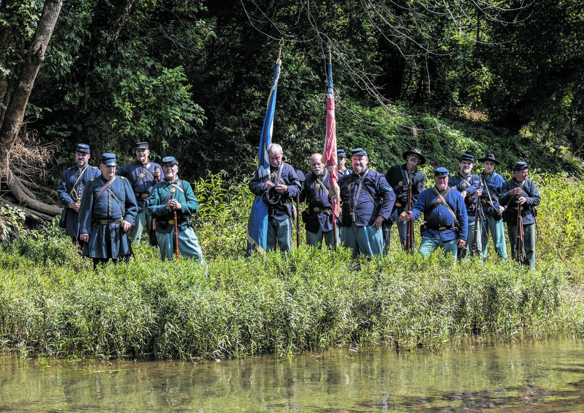 Members of the 14th and 8th Conn. at the edge of Morton’s Ford on the Rapidan River.