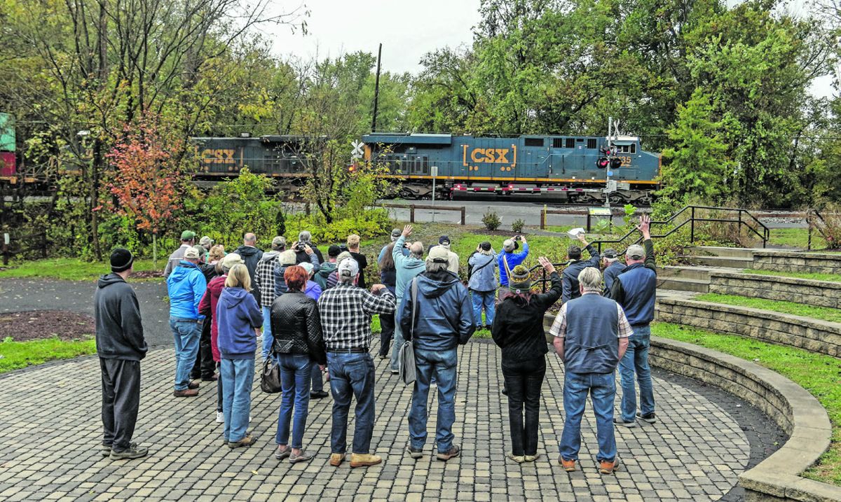 A CSX train greets the Both Sides Tour at Point of Rocks, Md. (Bill Kamenjar)