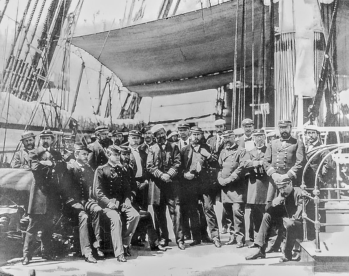 Officers of the USS Colorado, photographed on the deck during the Korean expedition, June 1871. Lt. Hugh McKee is the first person seated on the left. (Photo #: NH 63679)
