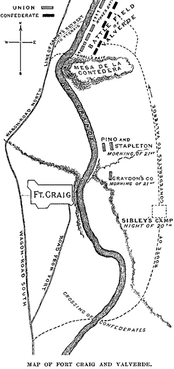 A map of the Battle of Valverde, Feb 20-21, 1862, and the surrounding area, including Fort Craig. From Battles and Leaders of the Civil War II: North to Antietam, page 124.