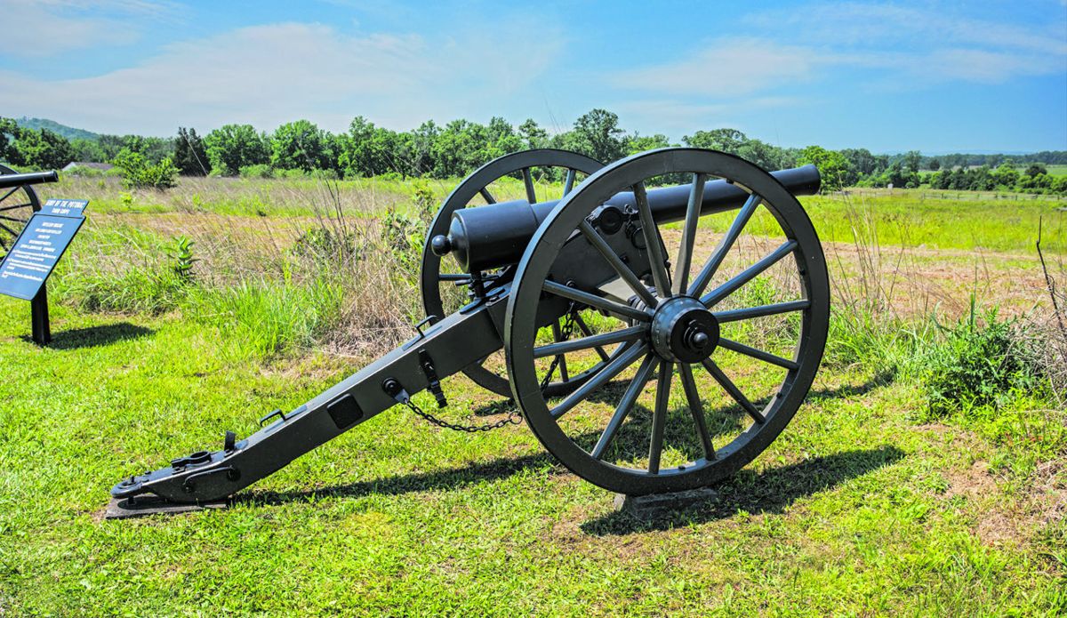 A U.S. 10-pounder Parrott rifle had a bore diameter of 2.9-inches, the tube weighed around 900 pounds, and when fired at 6 degrees elevation, with a shell that weighed 9 3/4 pounds, it had a range of 2,250 yards. Courtesy Gettysburg National Military Park.