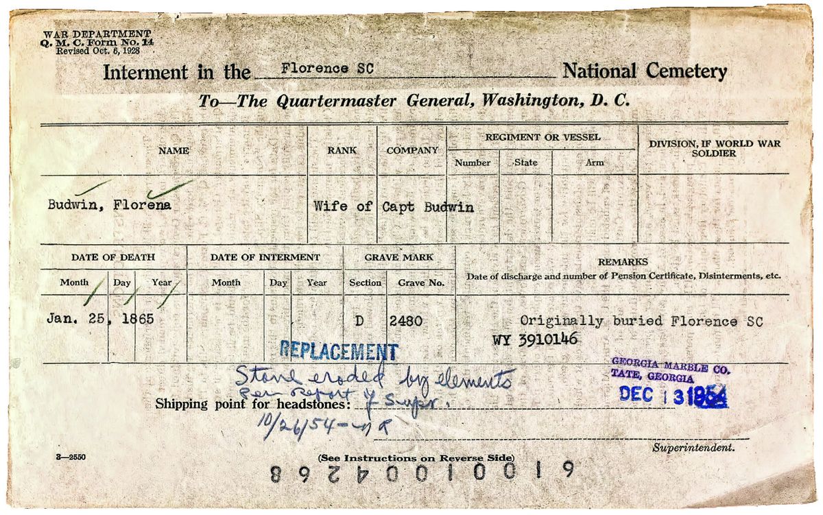 Interment record for Florena Budwin, War Department, Dec. 13, 1954.