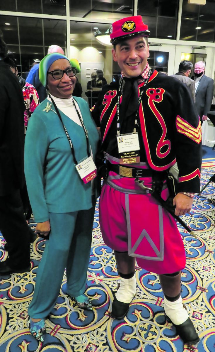 Panelist Kathryn Harris with first time attendee and teacher Robert Buccheri, dressed as a member of Duryee’s Zouaves (5th NY).