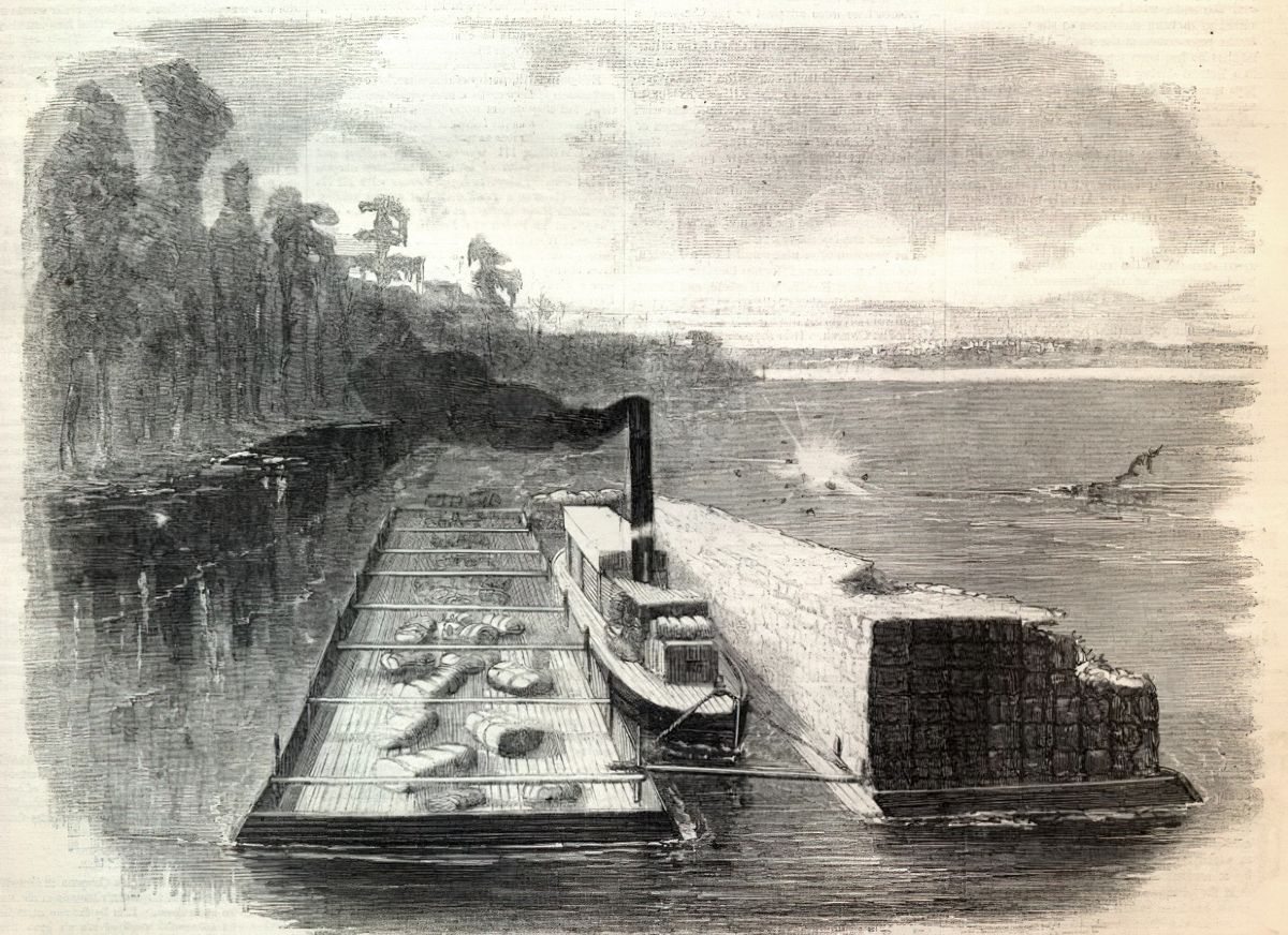 The Tug Rumsey accoutred for running the Rebel batteries at Vicksburg. Note the cotton bales used to protect the ships from enemy fire similar to the steamer Tigress. (Harper’s Weekly, Saturday, May 30, 1862)