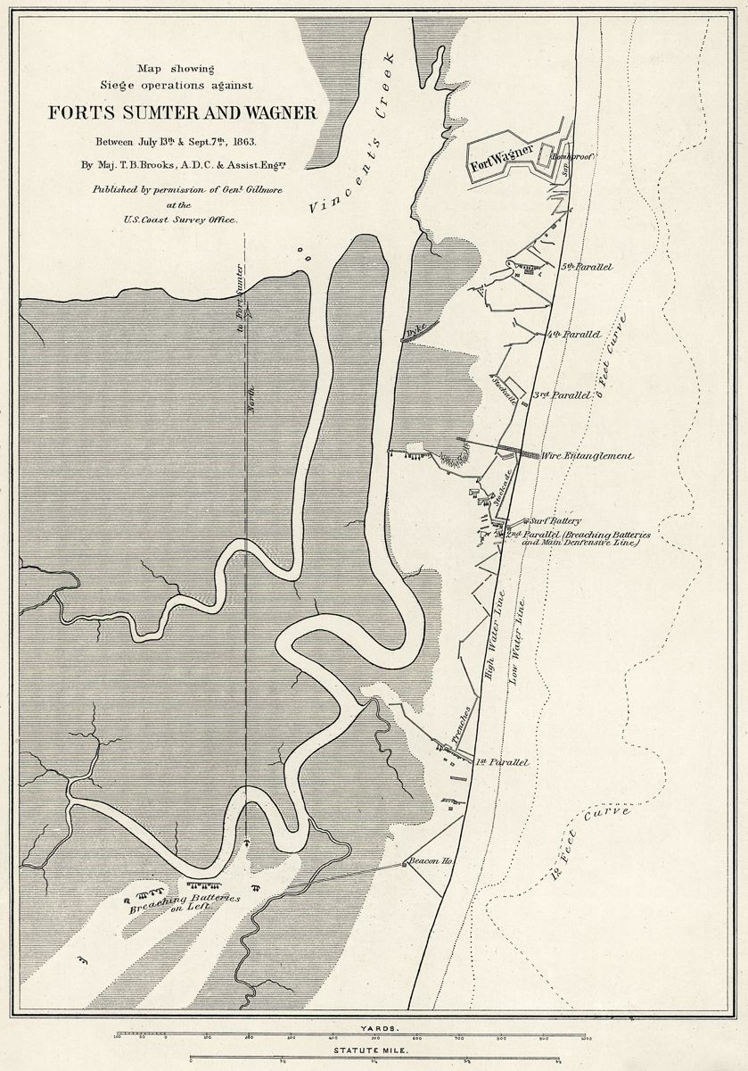 Fort Wagner and the Union approaches. The parallels stated with the first one at the bottom of the map and the fifth nearest Fort Wagner. (Library of Congress)