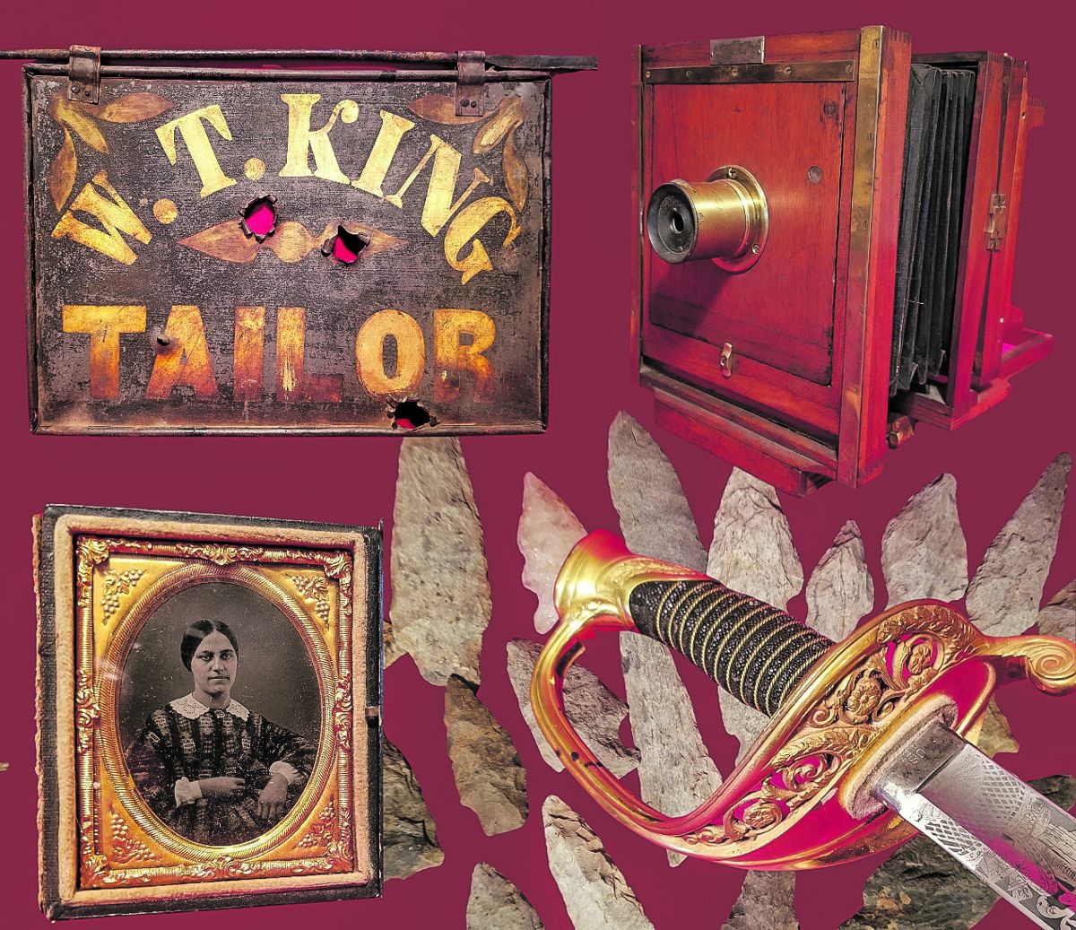 Some of the Society’s rare artifacts, including a bullet- ridden sign that hung in Gettysburg’s main square in 1863.