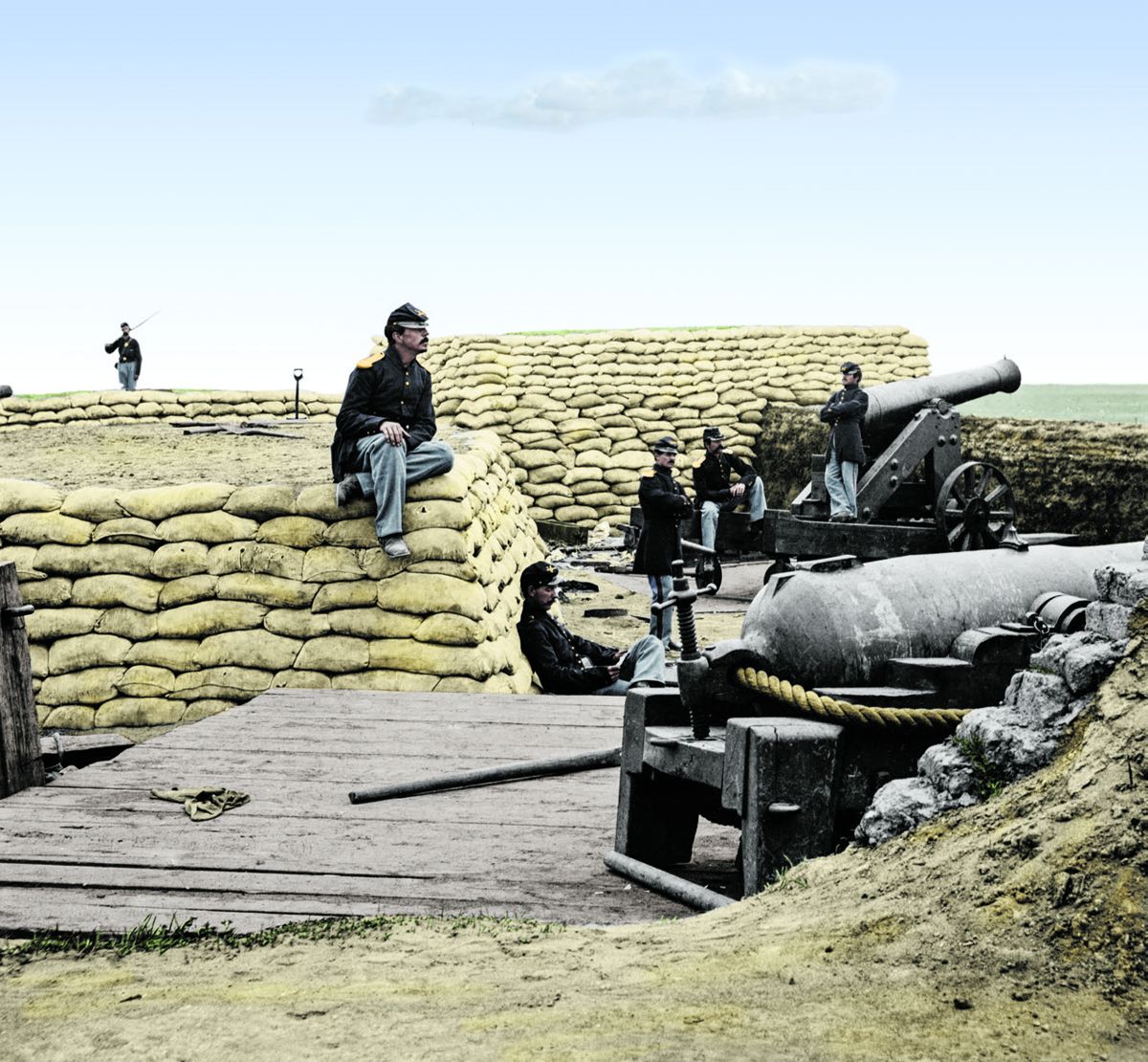 Sandbag fortifications, soldiers in a Confederate battery, Yorktown, Va., Colorization © 2010 civilwarincolor.com, courtesy civilwarincolor.com/cwn. (Library of Congress)