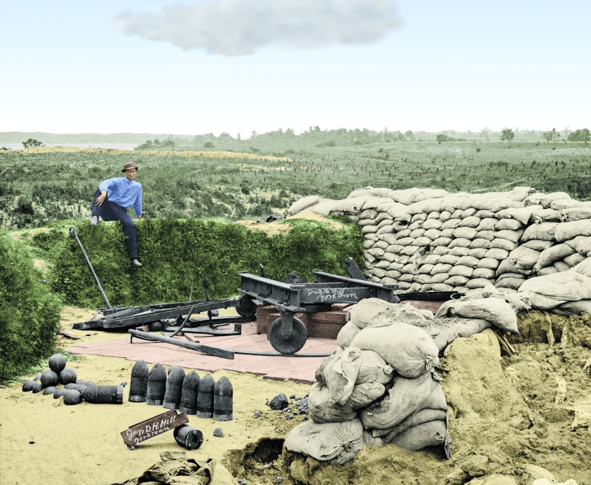 Captured Confederate fort, occupied by General Hill; Yorktown, Va., 1862, Colorization © 2010 civilwarincolor.com, courtesy civilwarincolor.com/cwn. (Library of Congress)