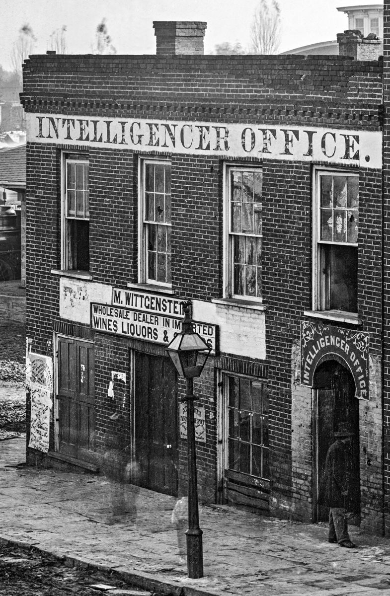 The Intelligencer building at the north end of Whitehall Street in Atlanta. George Barnard took this photograph during the Federal occupation, September-November 1864. The building was destroyed in the downtown fires of November 15. (Library of Congress)