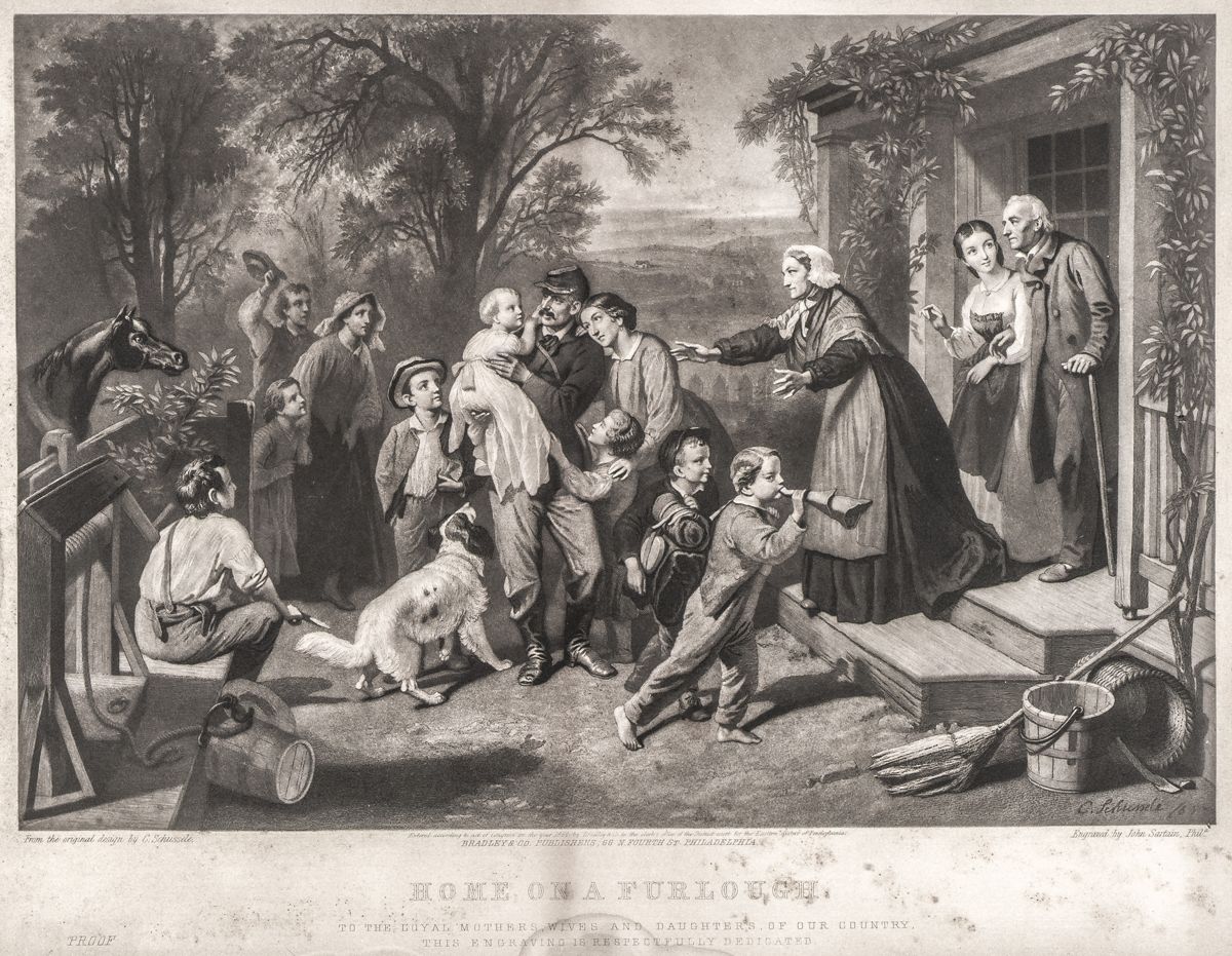 1864, Civil War Engraving Home On A Furlough, by John Sartain, from a painting by Christian Schussele.