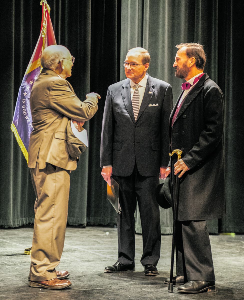 Long-time Executive Director of the USGA, Dr. John Marszalek, (left) Mississippi State University President Dr. Mark Keenum (center), and President Ulysses S. Grant (portrayed by Dr. Curt Fields) (Mississippi State University by Diana Janus)