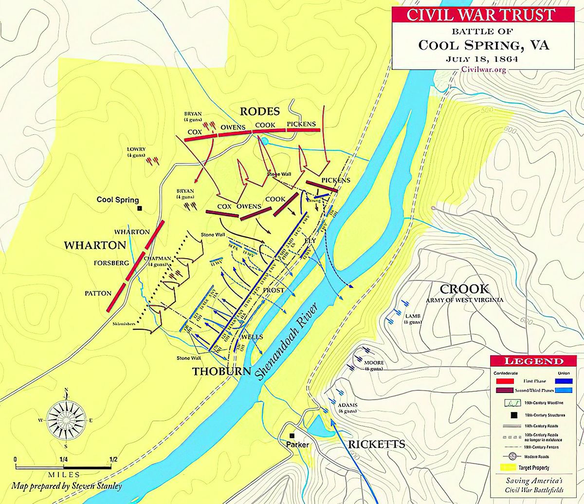 Map of Cool Spring Battle, July 18, 1864. Map prepared by Steven Stanley. American Battlefield Trust.