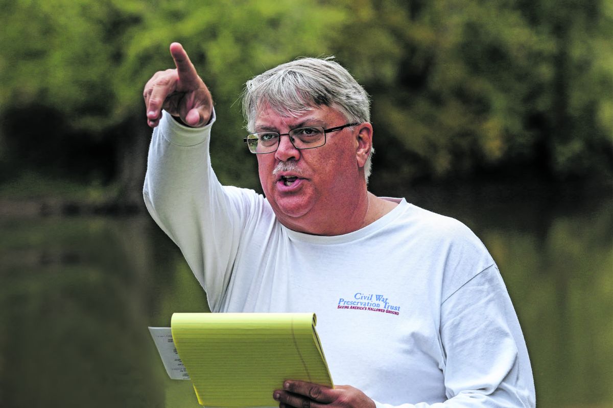 Ben Trittipoe, co-leader of the Both Sides Tours, speaking to the group at Cool Spring.