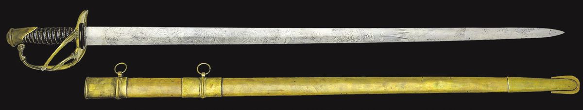 The double edged, Bissonnet cavalry officer’s sword with its solid brass scabbard. (Courtesy of OldSouthAntiques.com)