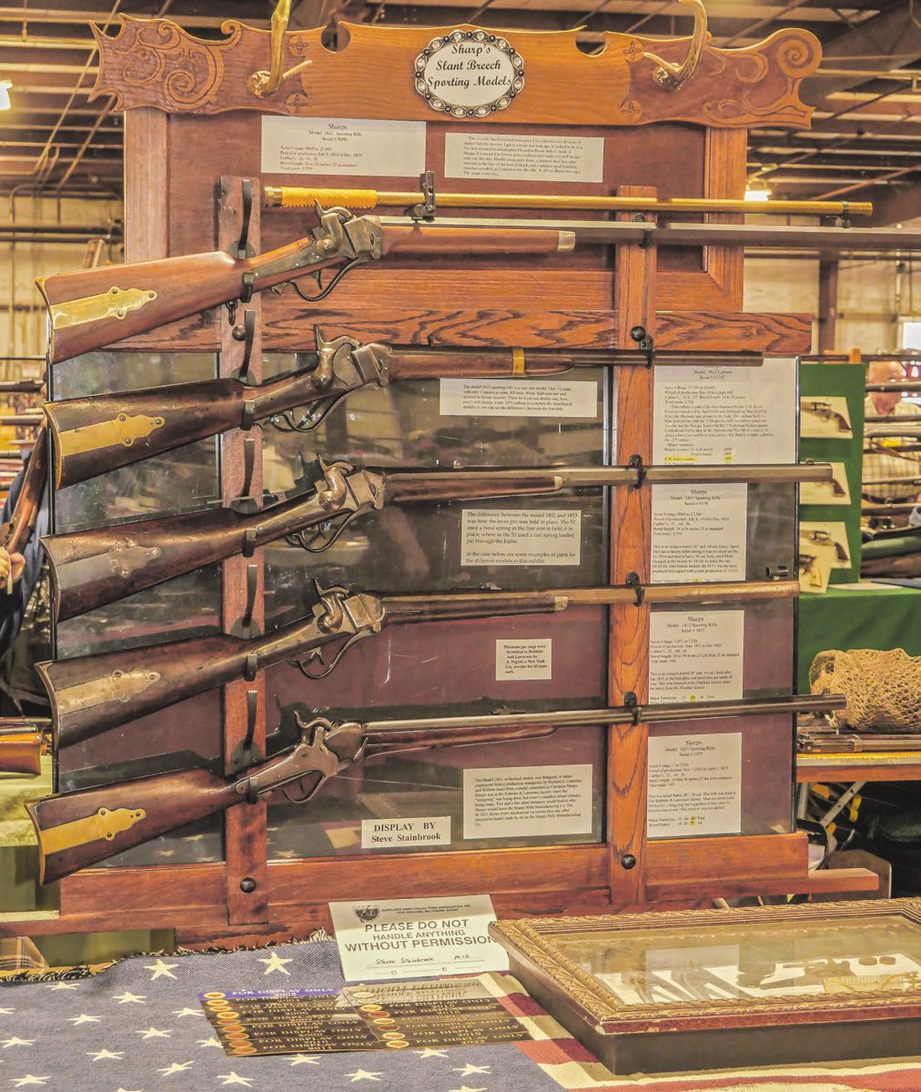 Steven Stainbrook’s display, Sharp’s Slant Breech Sporting Models.