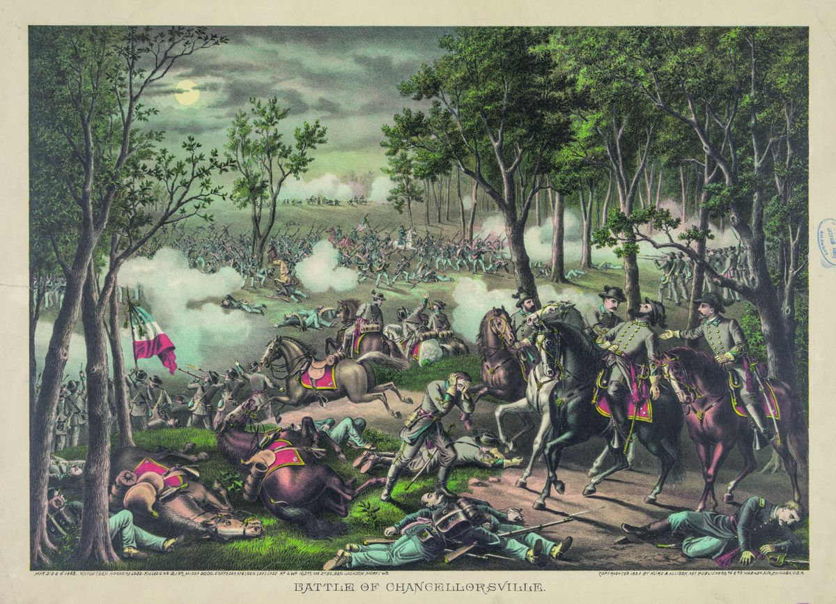 Print shows the Battle of Chancellorsville with Confederate troops under the command of General Stonewall Jackson advancing on the Union army; it also shows General Jackson being wounded, with three officers coming to his aid, among them may be Robert E. Rodes and A.P. Hill. (Library of Congress)