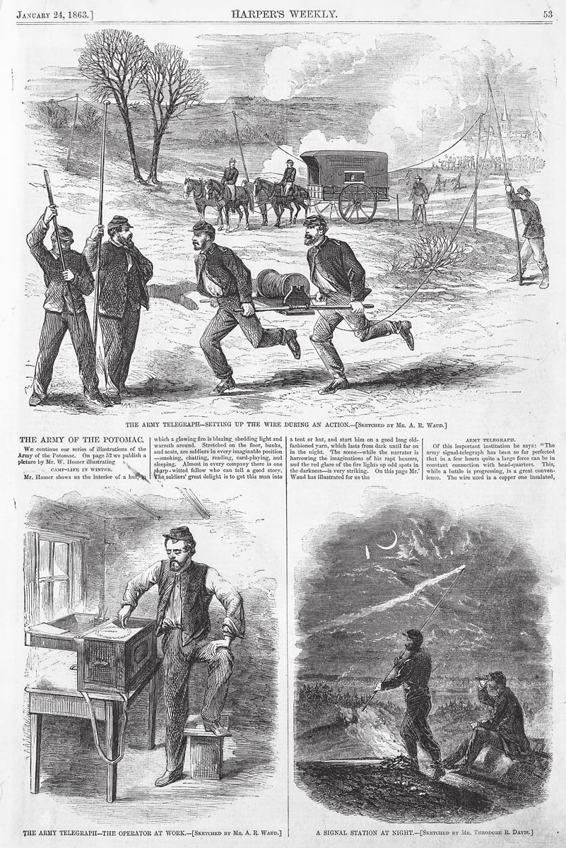 The Army telegraph – setting up the wire during an action sketched by Alfred R. Waud. A signal station at night / sketched Mr. Theodore R. Davis. (Library of Congress)