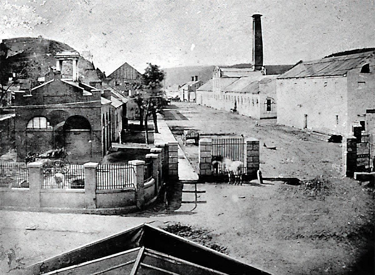 1862 photograph of the Harpers Ferry arsenal; the “engine house”, later called “John Brown’s Fort”, is on the left.