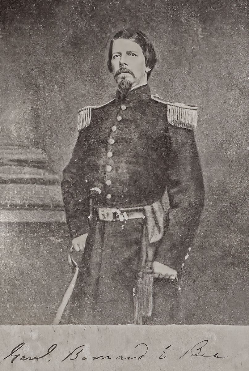 Carte-de-visite of Barnard Elliott Bee Jr., in uniform, left hand resting on sword hilt, pillar visible on left. Inscription on front: Genl. Barnard E Bee. (Collections of the Confederate Memorial Literary Society)