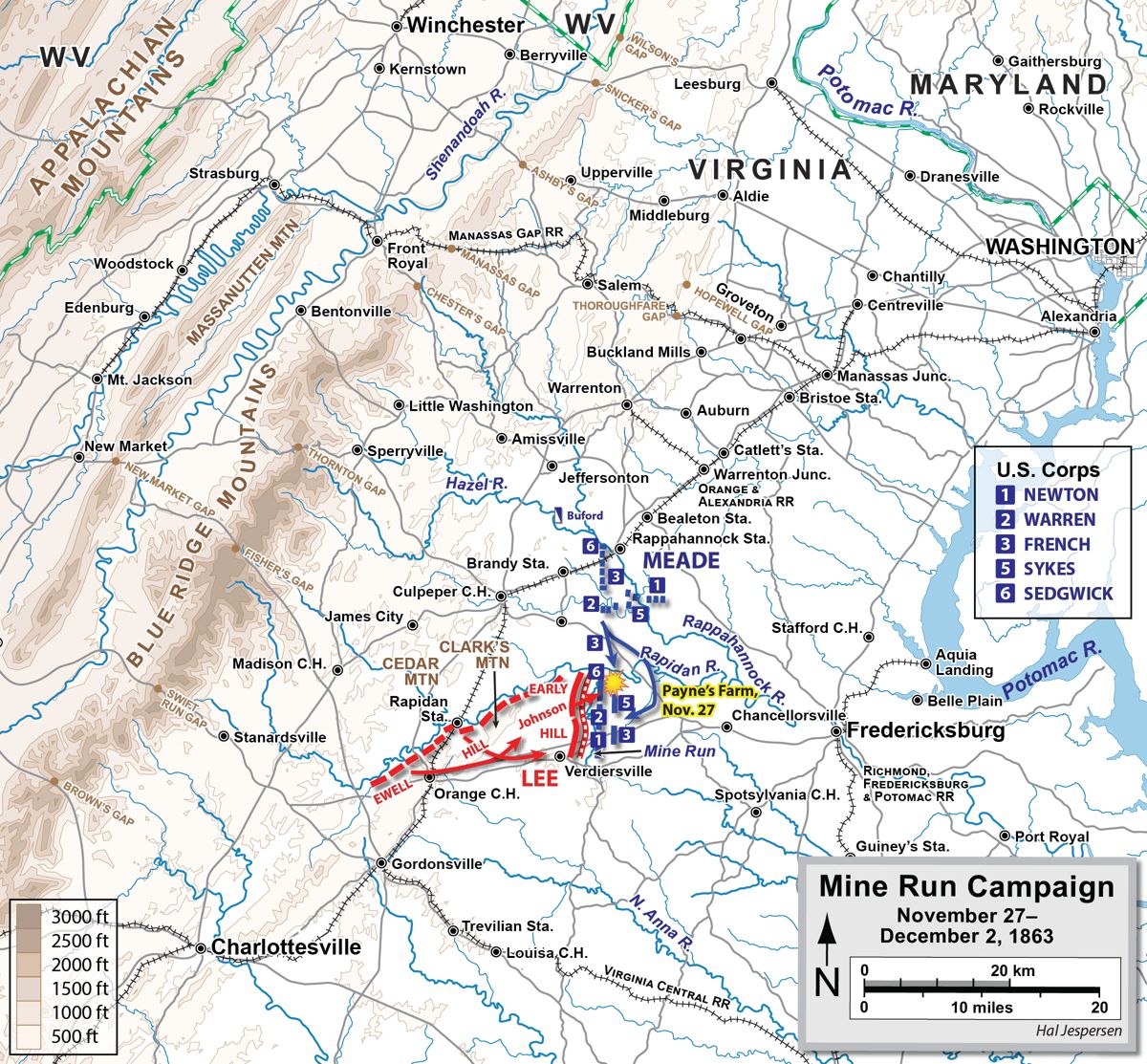 Map of the Mine Run Campaign November 27-December 2, 1863. Map by Hal Jespersen, www.cwmaps.com.