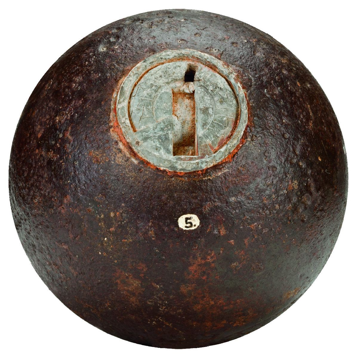 This U.S. 12-pounder Bormann fused spherical projectile was recovered from the Resaca Battlefield, part of the 1864 Atlanta Campaign. Courtesy The Atlanta History Center, Thomas S. Dickey Sr. Civil War Collection.