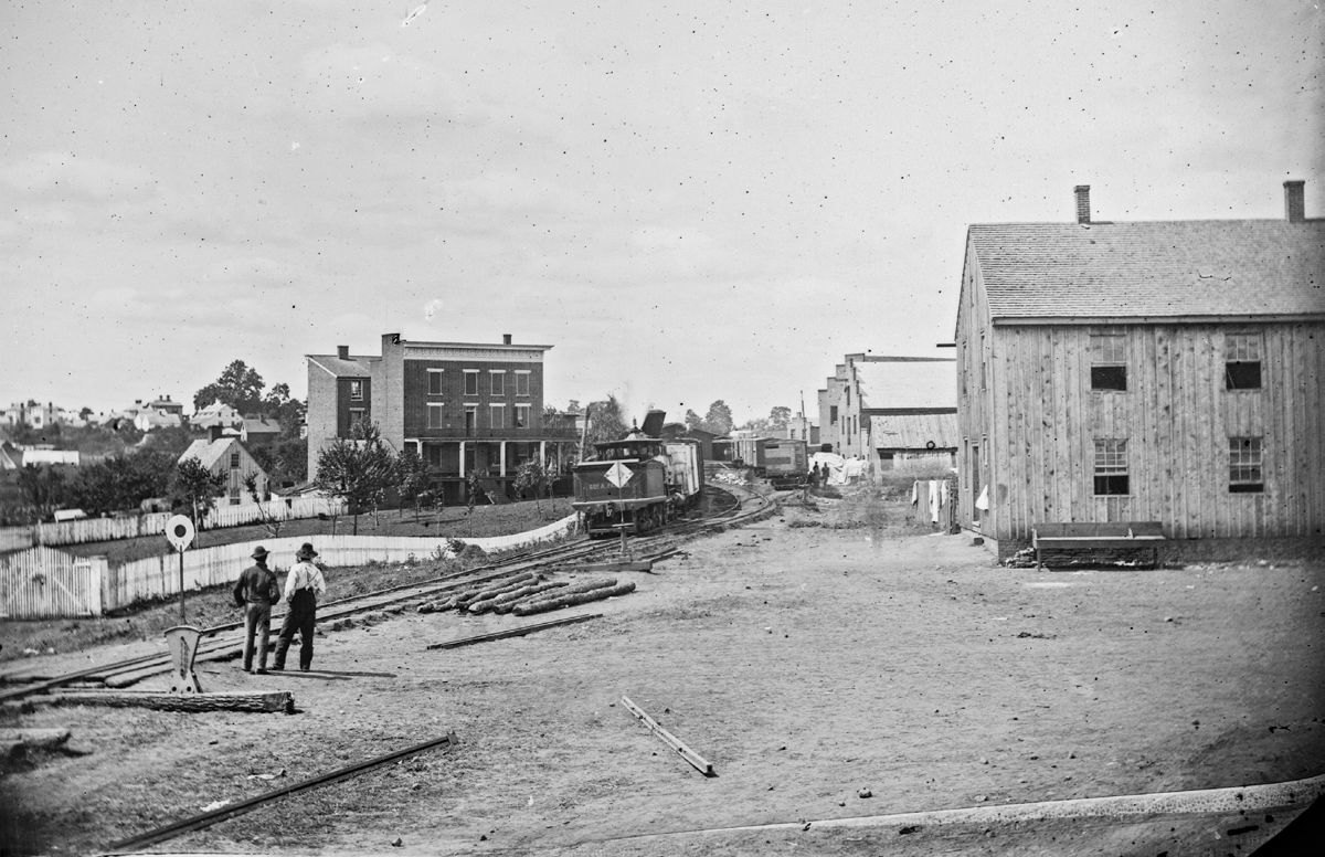 Culpeper Court House, Va. View near depot showing locomotive on Orange & Alexandria Railroad. Photo by Timothy O’Sullivan. (Library of Congress)