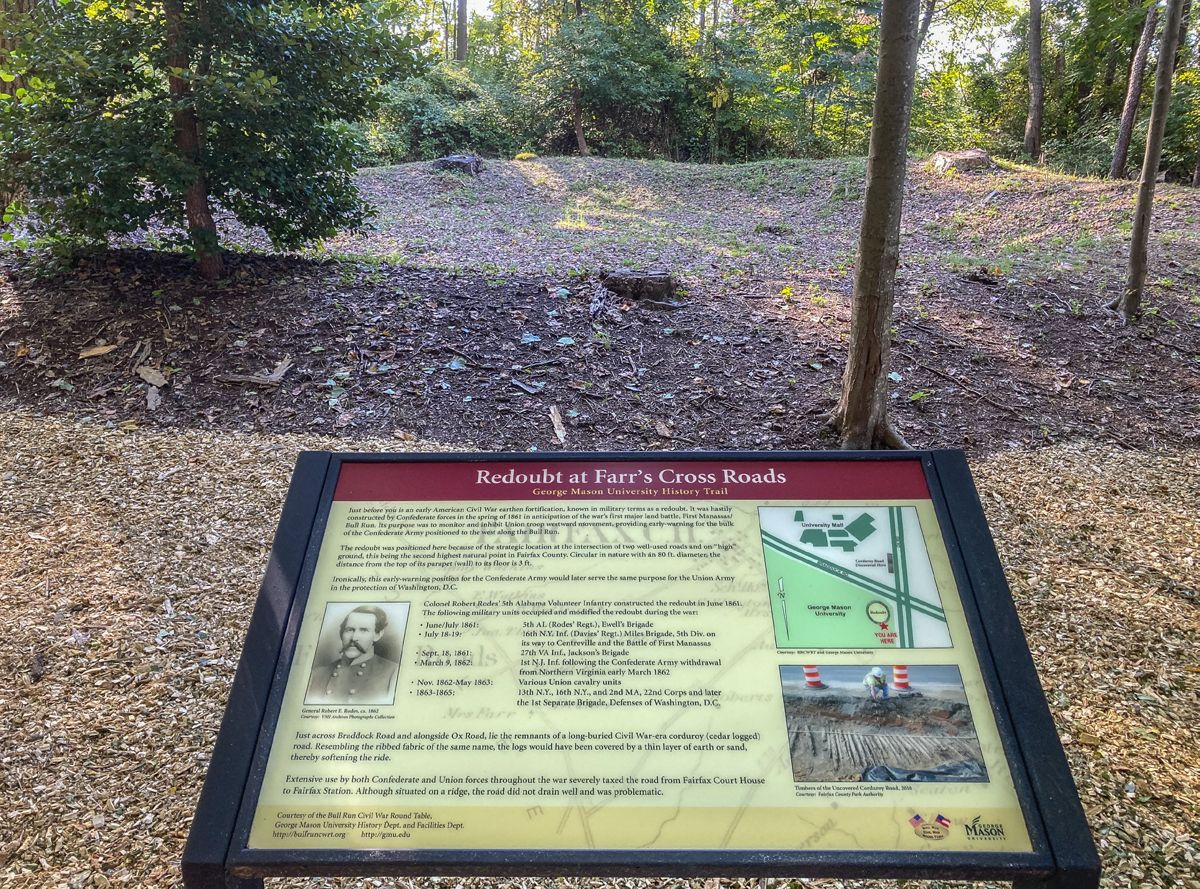 Remains of the redoubt lie behind this marker on the George Mason campus.