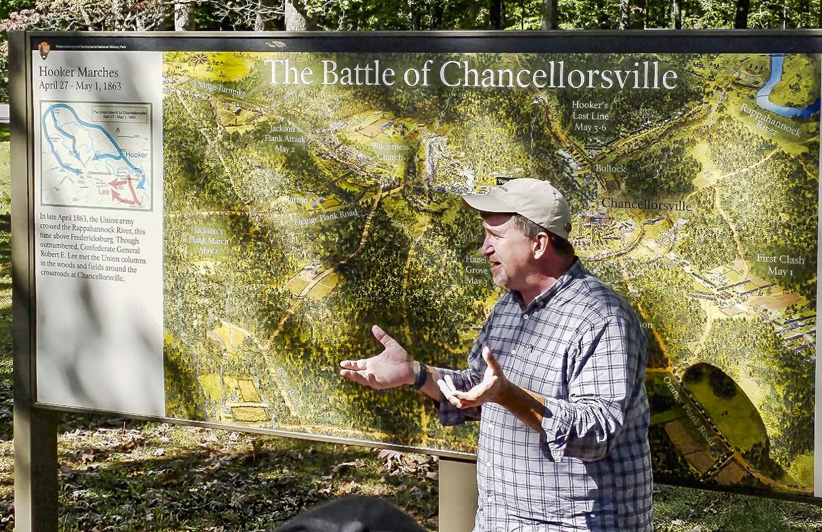 Chris Mackowki speaking to tour attendees at Chancellorsville.